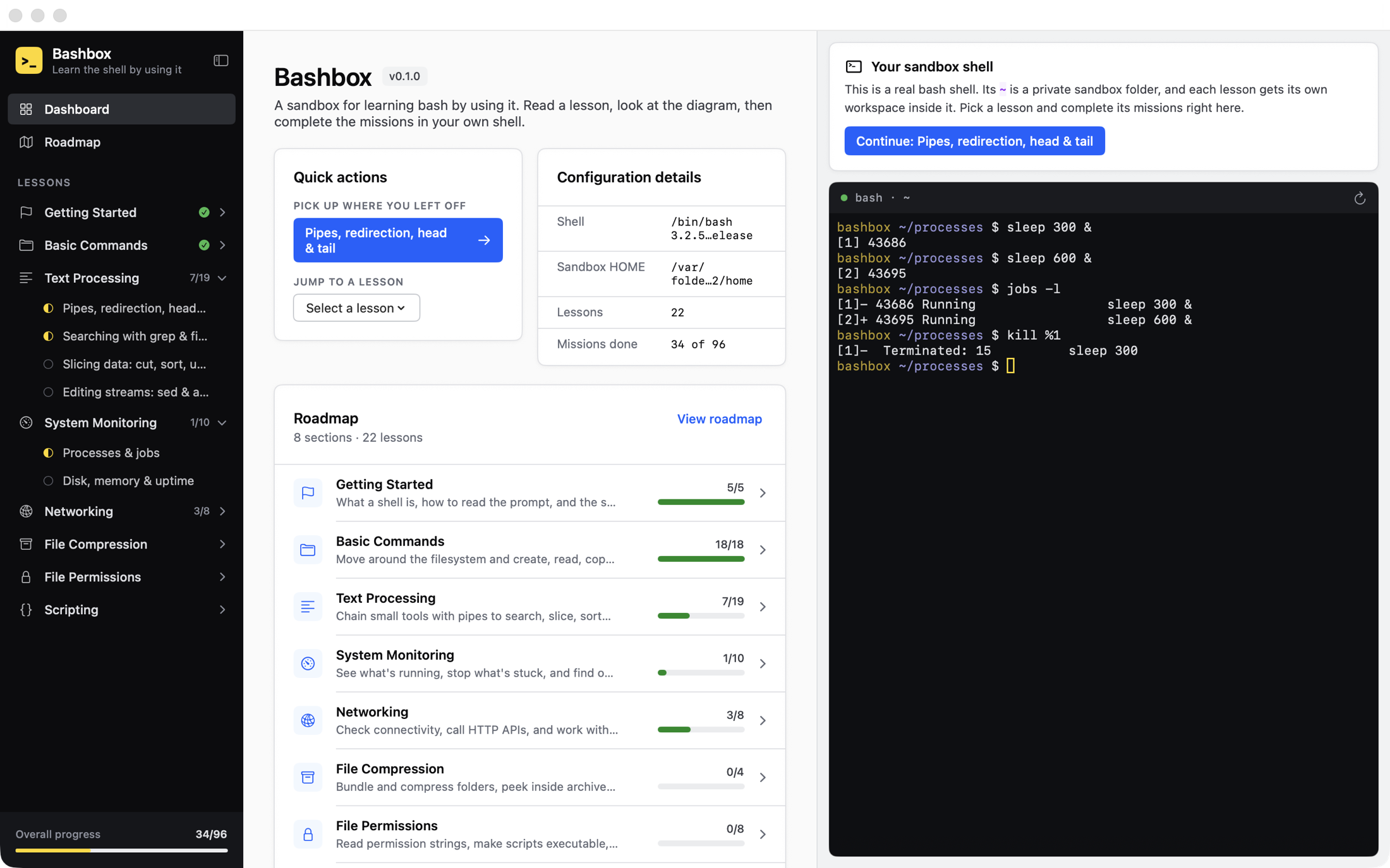 The Bashbox dashboard with quick actions, configuration details and per-topic progress bars.