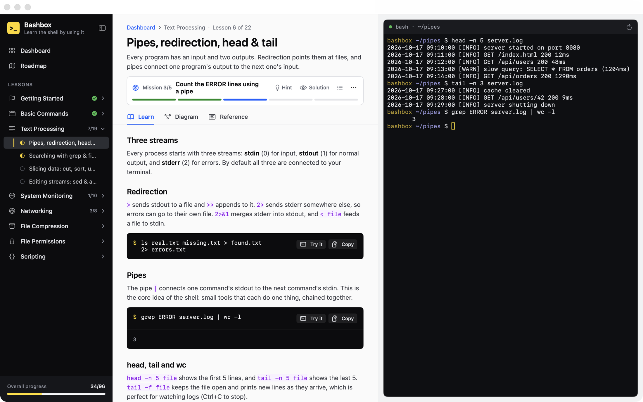 Bashbox showing the 'Pipes, redirection, head & tail' lesson on the left and a bash terminal running head, tail and grep on the right.